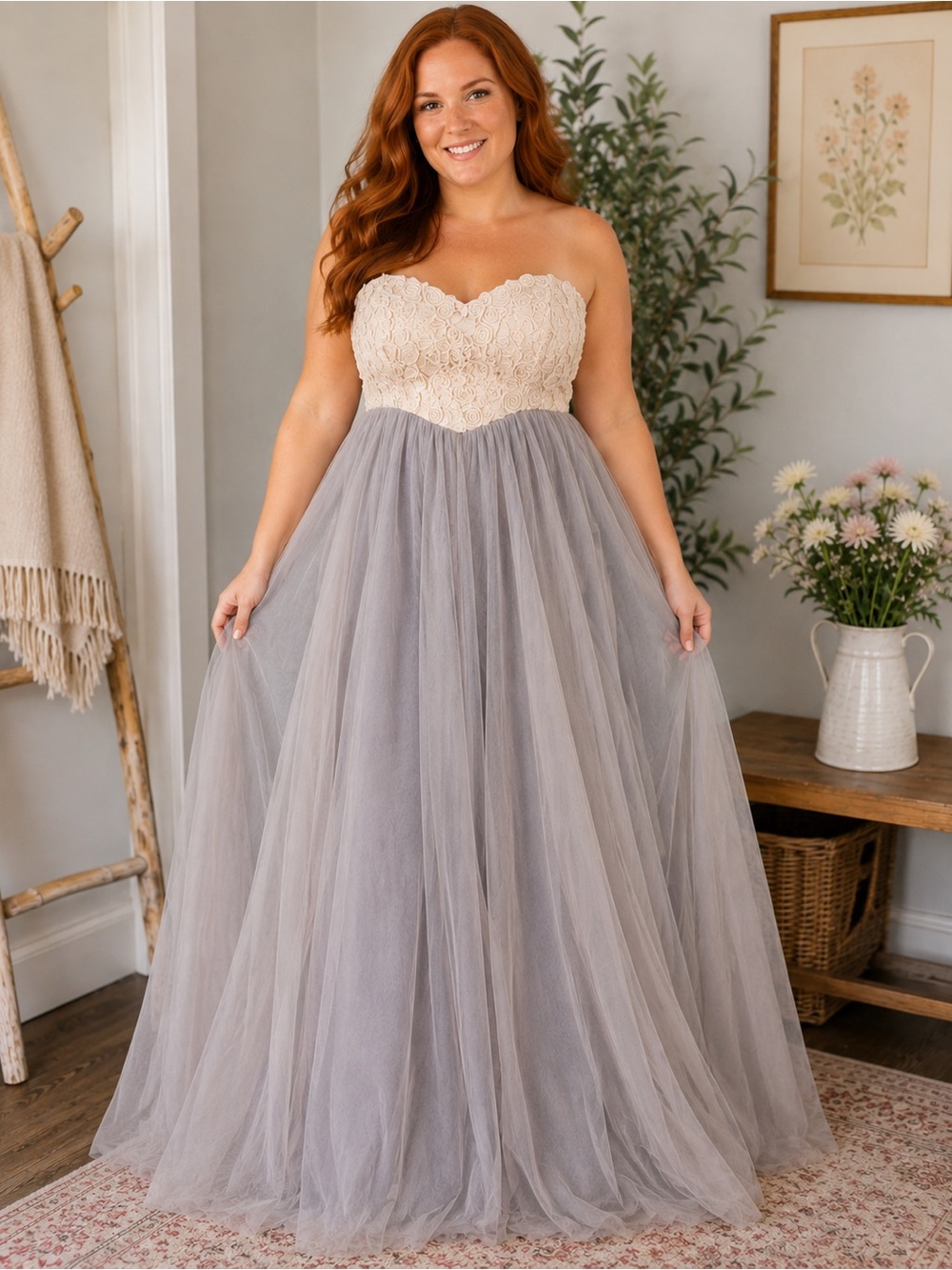 LC Lauren Conrad Ivory Lace Bodice with Light Gray Tulle Skirt Prom Dress